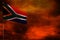 Fluttering South Africa flag mockup with blank space for your text on crimson red sky with smoke pillars background. Troubles