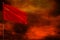 Fluttering Soviet Union SSSR, USSR flag mockup with blank space for your text on crimson red sky with smoke pillars background.