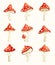 Fly agaric poisonous mushrooms set . Amanita toadstools with red spotted cap cartoon vector illustration