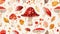 Fly agaric, seamless pattern. Amanita, endless background, repeating pattern. Autumn mushrooms, forest fungi texture
