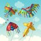 Fly kites. Beauty joyful outdoor kites in sky cloudy and shiny weather recent vector illustrations in cartoon style