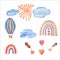 Fly in the sky Watercolor Clipart. Kids Wooden toys. hot air balloon, rainbow, clode, sun, heart, fireworks. Nursery