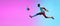 Flyer. One African man, professional soccer football player training isolated on gradient blue pink background in neon