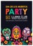 Flyer, poster or holiday party invitation template decorated by calaveras or skulls, Catrina`s face and flowers on black