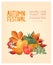Flyer or poster template for autumn festival with natural organic delicious fruits, vegetables, berries, fallen leaves