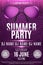 Flyer for a Summer Party. Beach sunglasses with neon glow. Purple background with palm trees. The names of the club and DJ. Poster