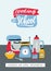 Flyer template with kitchen utensils, electric and manual tools for food preparation. Colorful vector illustration in
