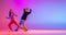 Flyer. Two young people, guy and girl dancing contemporary dance, hip-hop over pink background in neon light.