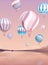 Flying air balloons flat vector illustration. Various aircrafts over river. Aerial transportation background. Hot air