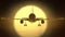 Flying airliner silhouette on yellow sun background. Realistic 3D rendering