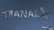 Flying airplanes reveal Manama caption. Traveling to Bahrain conceptual intro animation