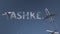 Flying airplanes reveal Tashkent caption. Traveling to Uzbekistan conceptual intro animation