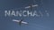 Flying airplanes trails and Nanchang caption. Traveling to China conceptual 3D rendering