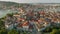 Flying along Trogir old town, Croatia. Old Venetian City Trogir in Adriatic Sea. Aerial view