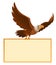 Flying american eagle holds blank banner