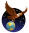 Flying American eagle holds the globe against the background of