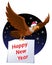 Flying American eagle in Santa`s hat carries Happy New Year card