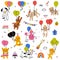 Flying Animal Pet with Balloon at Birthday Party Vector Set