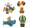 Flying Animals Cow or Giraffe on Airplane, Kitten in Box and Frog on Air Balloon. Cute Characters Travel by Air, Pilots