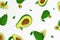 Flying avocado, seamless pattern background with whole and half of avocado fruit with kernels, with blurred effect. lat design