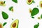 Flying avocado, seamless pattern background with whole and half of avocado fruit with kernels, with blurred effect. Realistic 3d