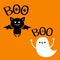 Flying baby ghost spirit. Bat. Boo text with hanging spider, eyes. Happy Halloween. Cute cartoon white scary spooky character.