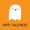 Flying baby ghost spirit. Boo. Happy Halloween. Cute cartoon white scary spooky character. Smiling face, hands. Orange background