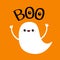 Flying baby ghost spirit. Boo text with eyes. Happy Halloween. Cute cartoon white scary spooky character. Smiling face, hands.