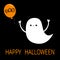 Flying baby ghost spirit holding balloon with Boo text. Happy Halloween. Cute cartoon white scary spooky character. Smiling face,