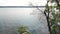 Flying back over the boat on the lake through the trees in the forest