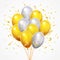 Flying balloons group. Golden shiny falling confetti, glossy yellow and white helium balloon with gold ribbon 3d vector