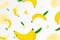Flying Banana background, seamless pattern with defocused blur effect. Falling Ripe banana and palm leaves isolated. Can be used
