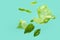 Flying basil leaves and lettuce salad on color background