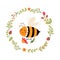 Flying Bee in floral wreath Cute cartoon bumblebee