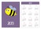 Flying bee insect. Simple pocket calendar layout 2019 new year. Week starts Sunday. Vertical orientation. Cartoon kawaii funny