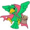 A flying bird wearing a red hood carrying a bag of worms for its young, doodle icon image kawaii