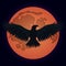 Flying black raven in a moonlight of the red full moon