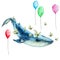 Flying blue whale and flock white butterflies and colorful balloons, isolated. Hand drawn watercolor