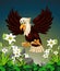 Flying Brown Eagle On The Top of Rocks And White Ivy Flower Cartoon