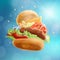 Flying Burger Blue Bokeh Background EPS10