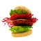 Flying burger with sauce splash. - 3d rendering