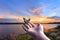 flying butterfly and human hands on abstract sunny natural background. freedom, save wild nature, ecology concept. encounter man