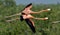 Flying Caribbean flamingos (Phoenicopterus ruber)