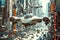 Flying cars and other futuristic modes of transportation in a city