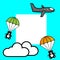 A flying cartoon grey plane, teddybears with parachutes and two clouds against blue background and place for text.