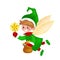 Flying Christmas elf with wings and magic wand star in a green suit bag of sweets, assistant Santa Claus