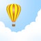 Flying color hot air balloons with hanging wicker basket with background weight with white and blue clouds