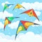 Flying colorful kite in the sky with clouds isolated on background. Summer festival, holiday, vacation time. Kitesurfing concept.