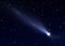 Flying comet with long tail due to solar radiation and solar wind