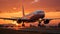 Flying commercial airplane at sunset, taking off into dusk generated by AI